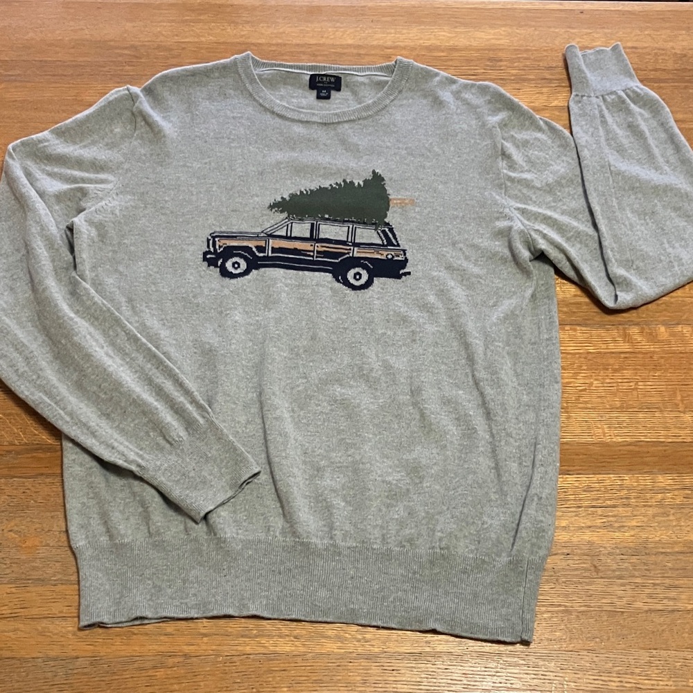 J. Crew Gray Medium Knit Sweater Cotton Truck and Tree Graphic Holiday Crewneck